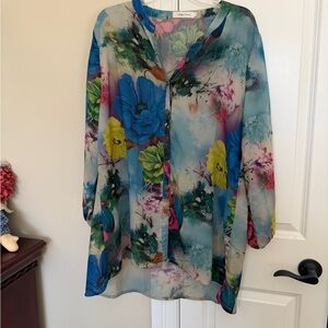 Simply Couture Watercolor Floral Split Neck Blouse